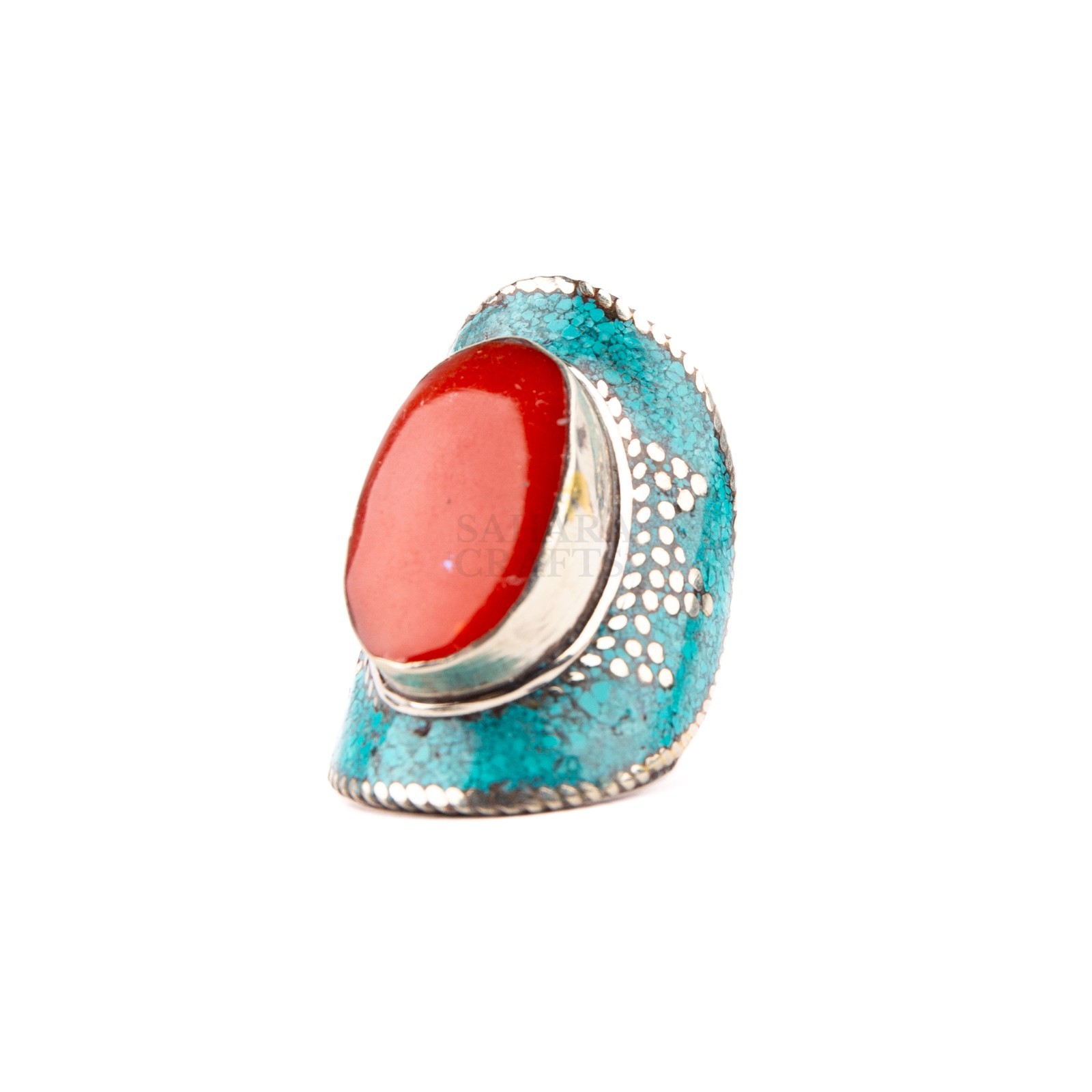 Tibetan Ring, Red Coral Turquoise Stone, Traditional Tibetan Bead Jewelry, US9.5
