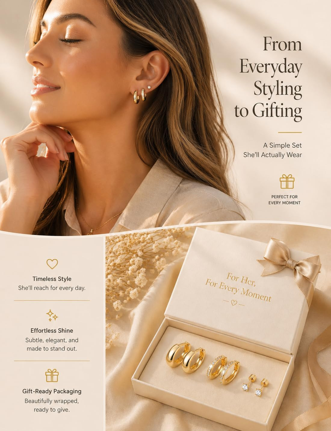 Gold Earring Stack for Women, 3 Pairs 14K Gold Plated Small Huggie Hoop & CZ Stu