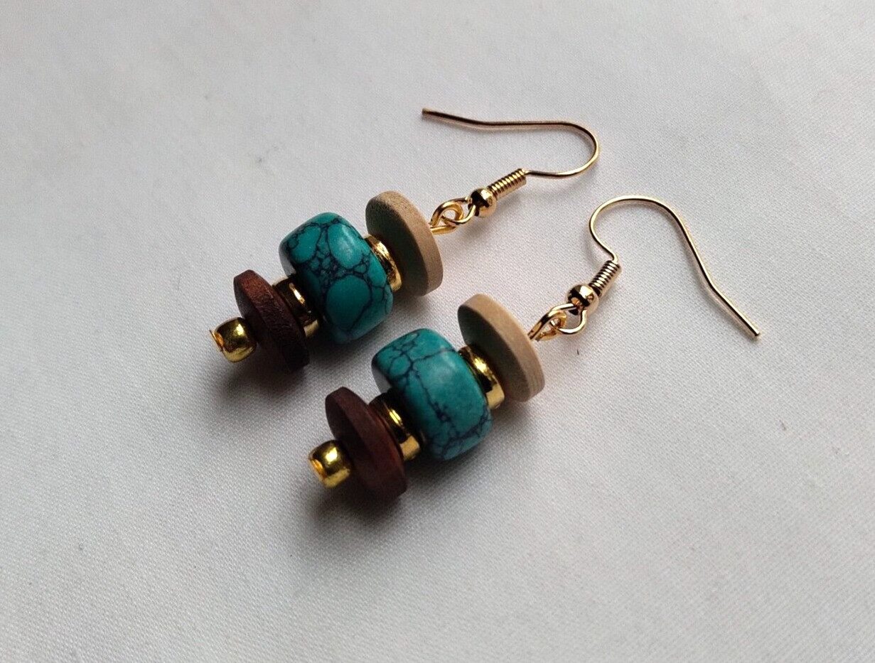 Earth Tone Wood Turquoise Howlite Beaded Dangle Earrings Handmade Gold Tone Boho