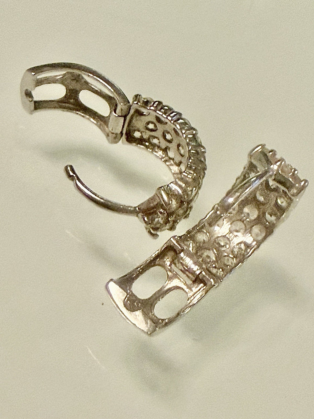 14 KT WHITE GOLD/3 ROW PAVE SET CZ HUGGIE HOOP 12.7 MM EARRINGS / 2.25 GRS