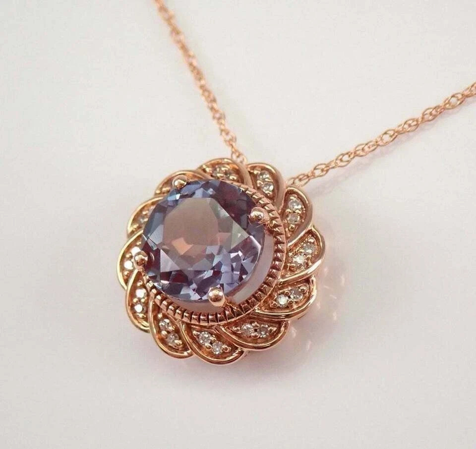 2Ct Round Cut Alexandrite Diamond Halo Pendant 14K Rose Gold Over “18 Free Chain