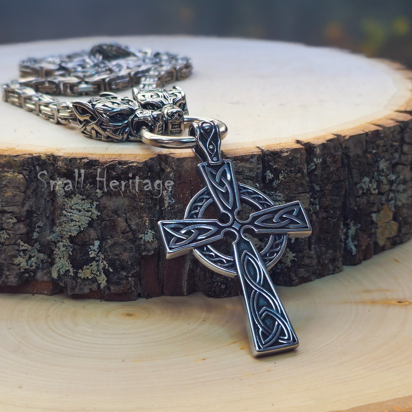 Large Wolf Head Cross Necklace – Heavy Stainless Steel Pendant for Men
