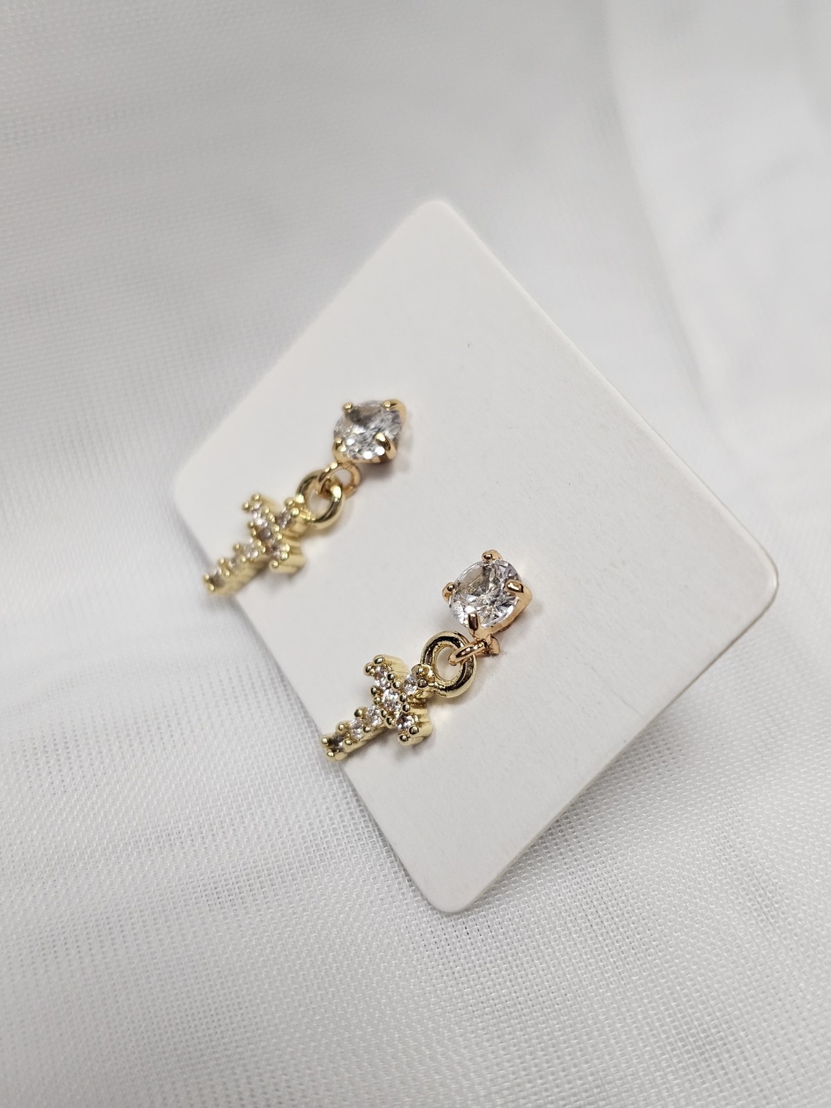 Gold Tone Clear Crystal Rhinestone Cross Dangle Stud Earrings Butterfly Back