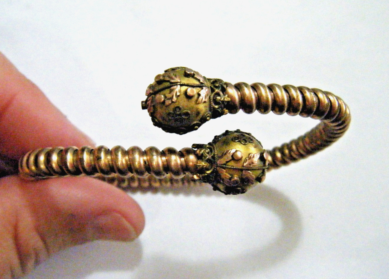Antique Victorian Etruscan Revival Ball Ends Gold Filled Cable Bypass Bracelet