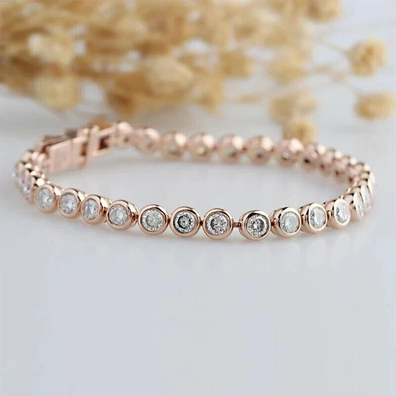 IGI 4 CT Round F-VS1 Lab Grown Diamond Women Charm Tennis Bracelet 14K Rose Gold