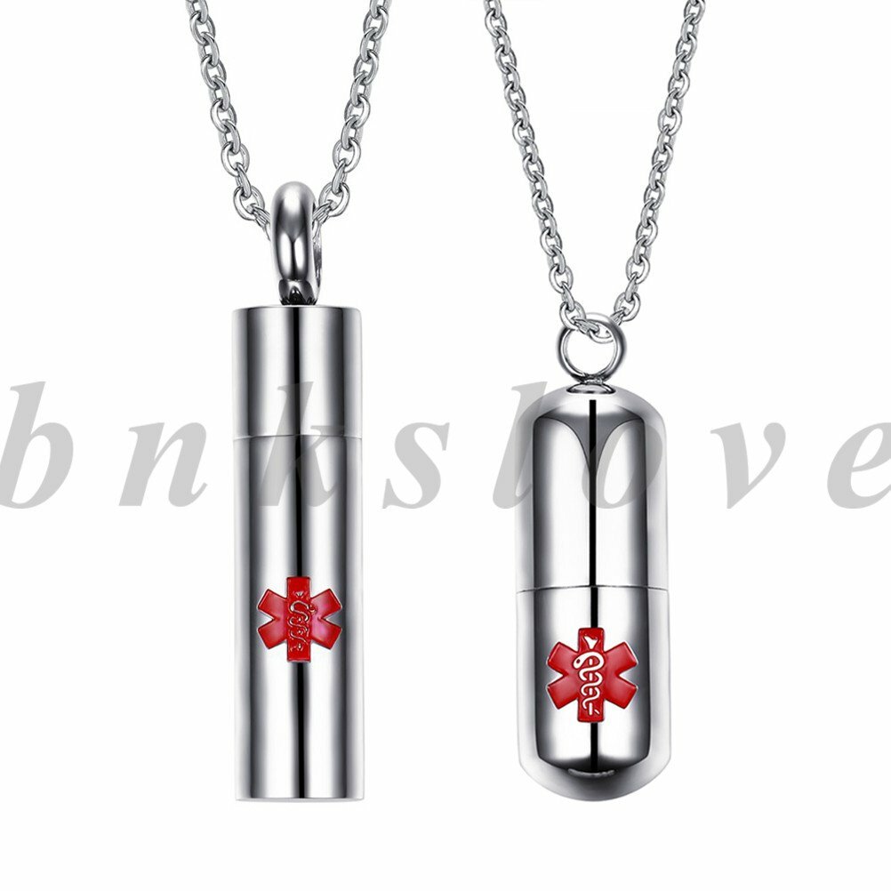 2pcs Stainless Steel Capsule Medical ID Pendant Locket Necklace for Men Women