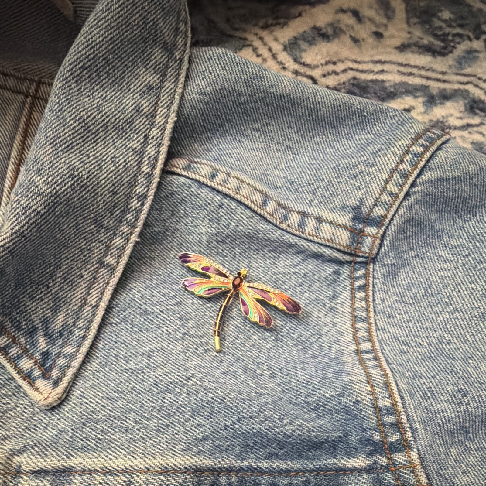 Gold Tone Enamelled Dragonfly Brooch Pin Purple Green Red Rhinestone