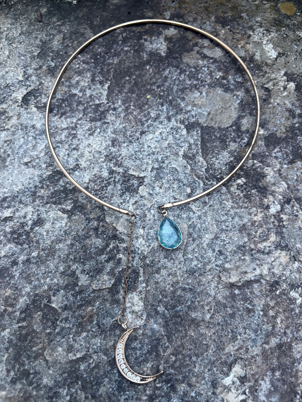 Gold Tone Crescent Moon Teardrop Aquamarine Rhinestone Open Collar Choker