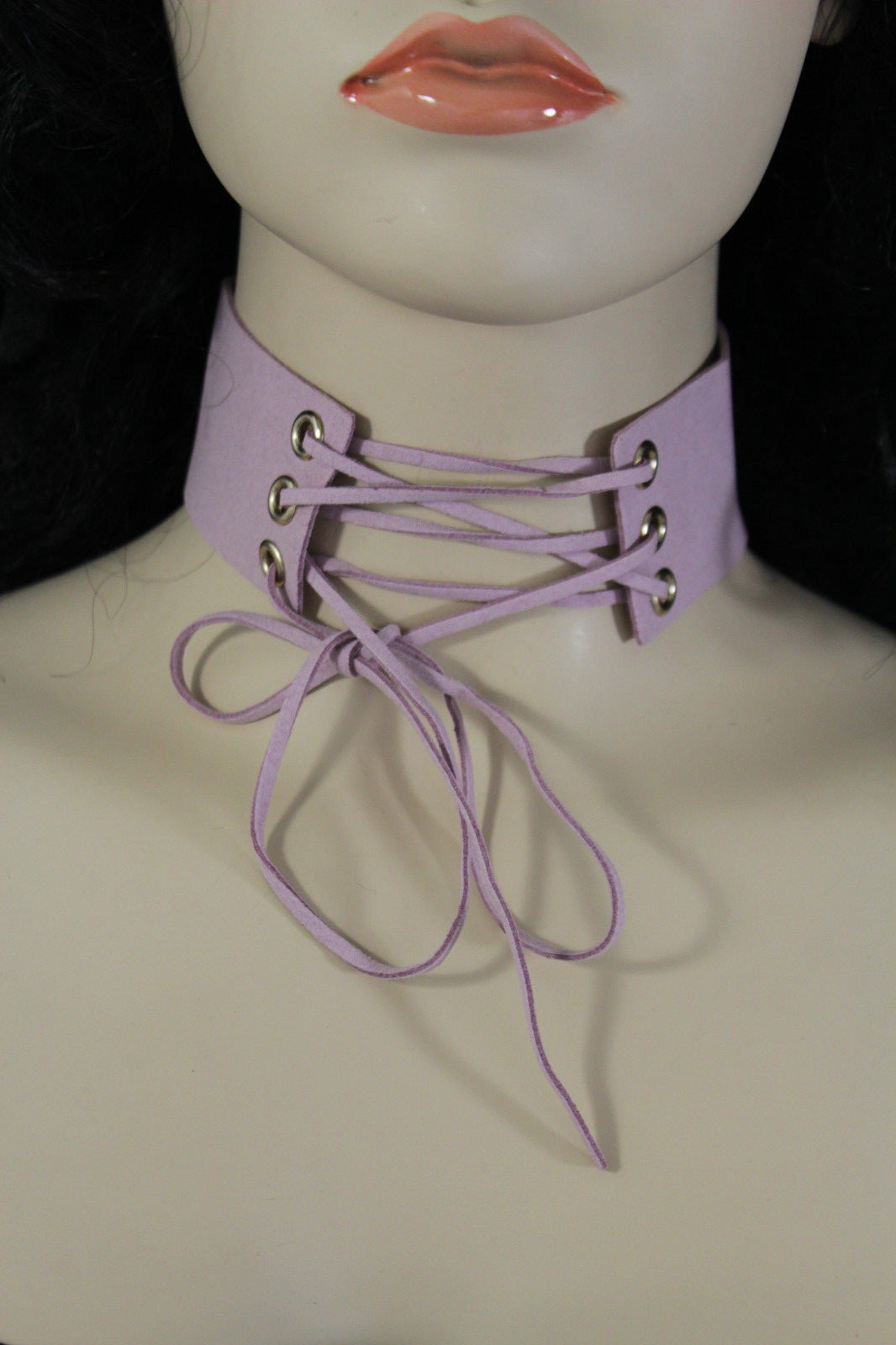 NEW Women Pastel Pink Faux Leather Fabric Fashion Corset Choker Necklace Tie