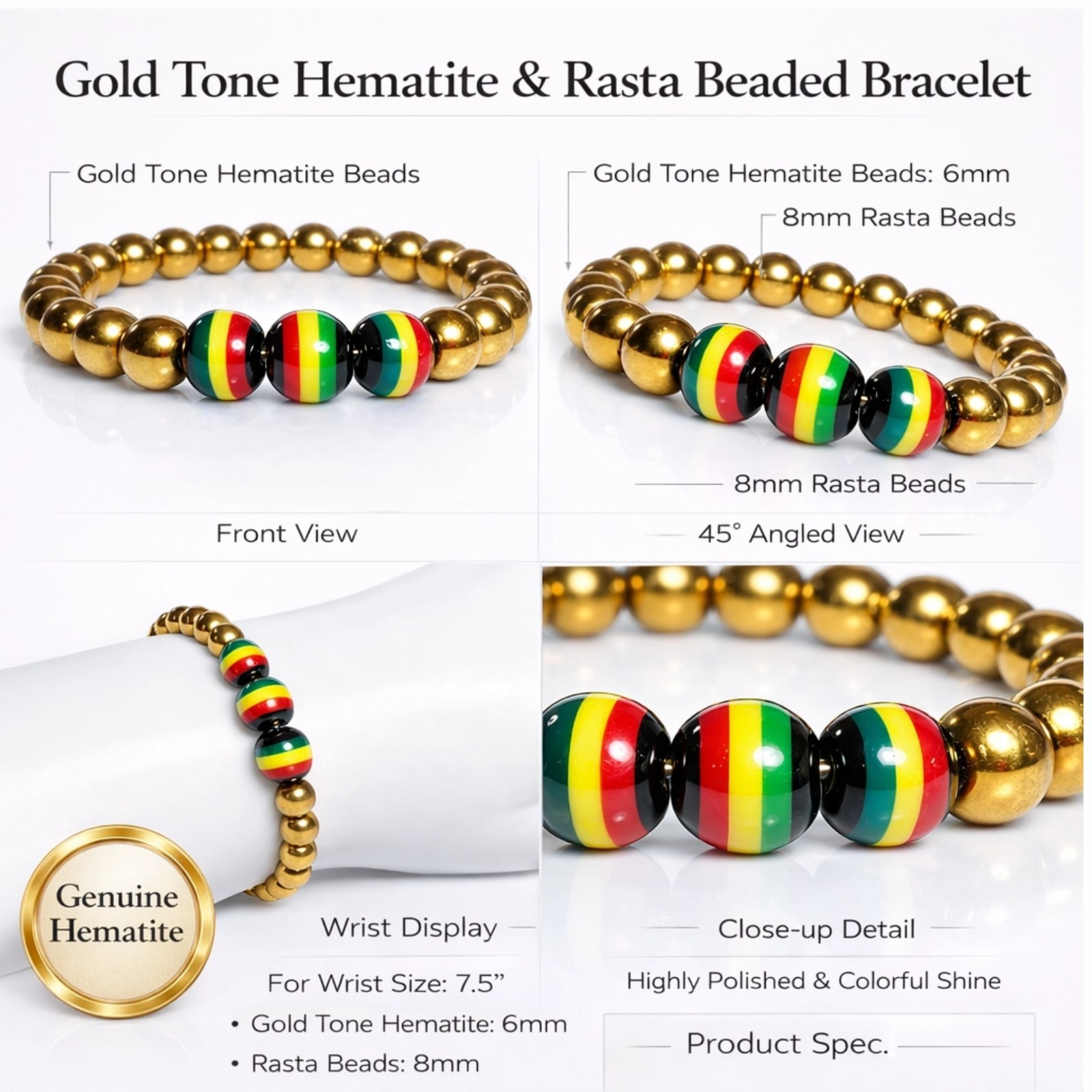Gold Tone Hematite Rasta Beaded Bracelet Red Yellow Green Black Protection 7.5″