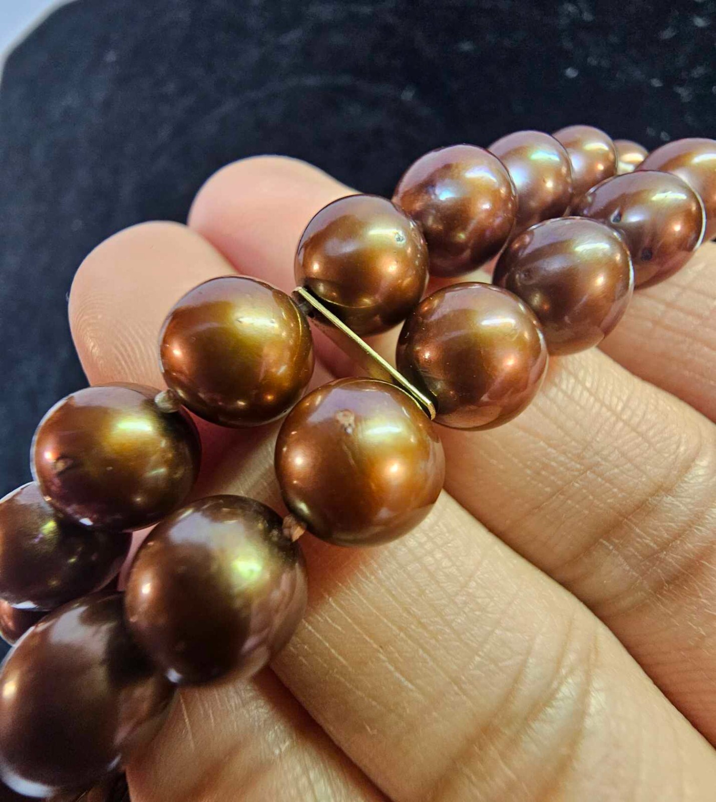 Marked 14K Flower Clasp Double Strand Bracelet w/ Brown Pearl 8.25in”- S37