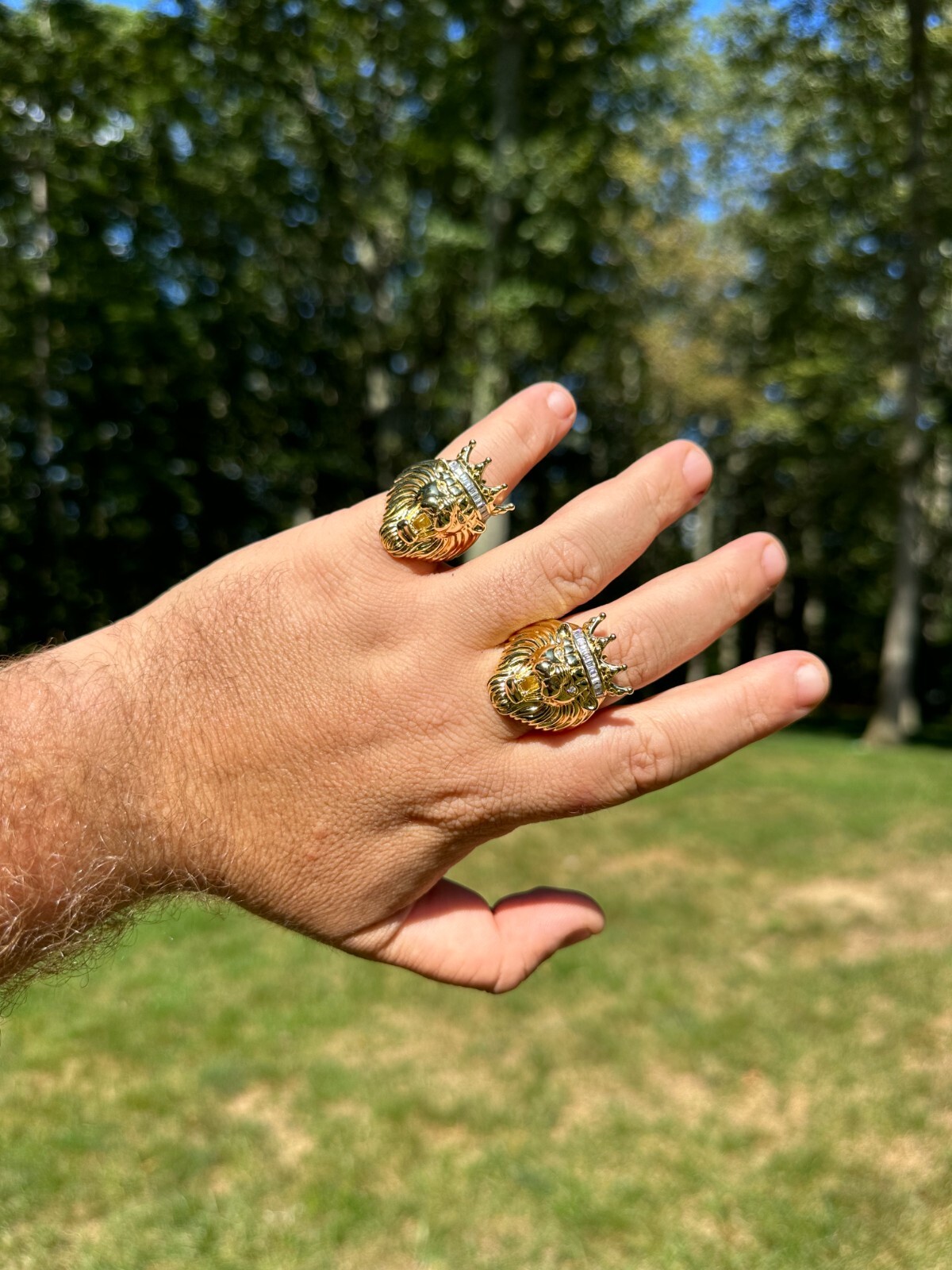 Lion W. Moissanite Baguette Crown 3D Mens Ring – 14k Gold Over Real 925 Silver