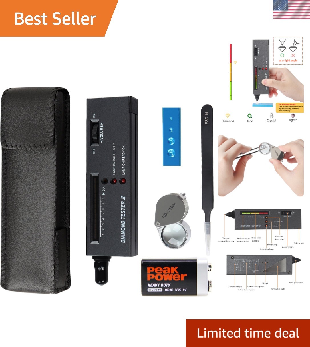 Professional Diamond Tester Pen with 10x Magnifier & Tweezers – Battery Included