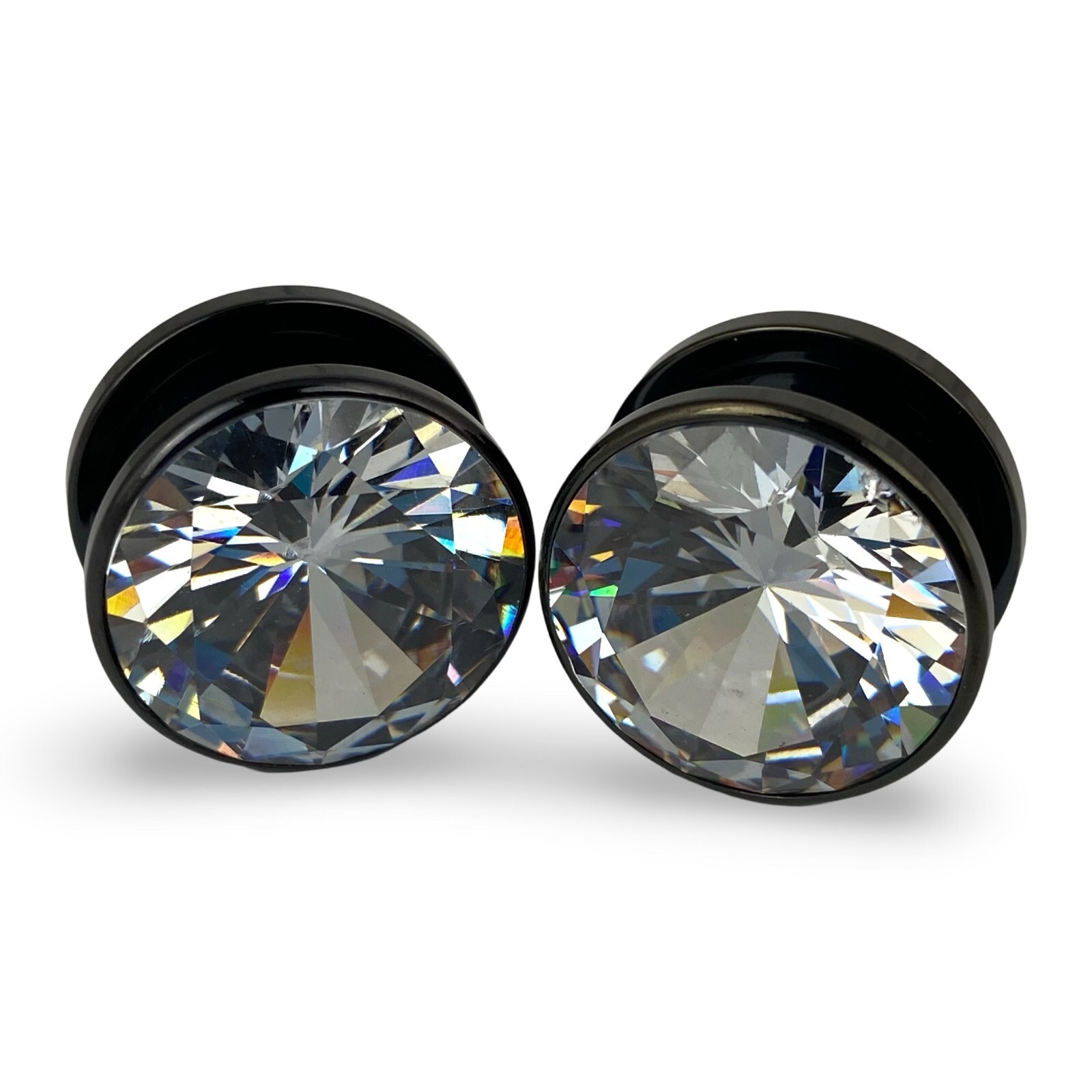 Pair 316L Black Steel Screw on Plugs with Clear Press Fit CZ Gem (PS-125) gauges