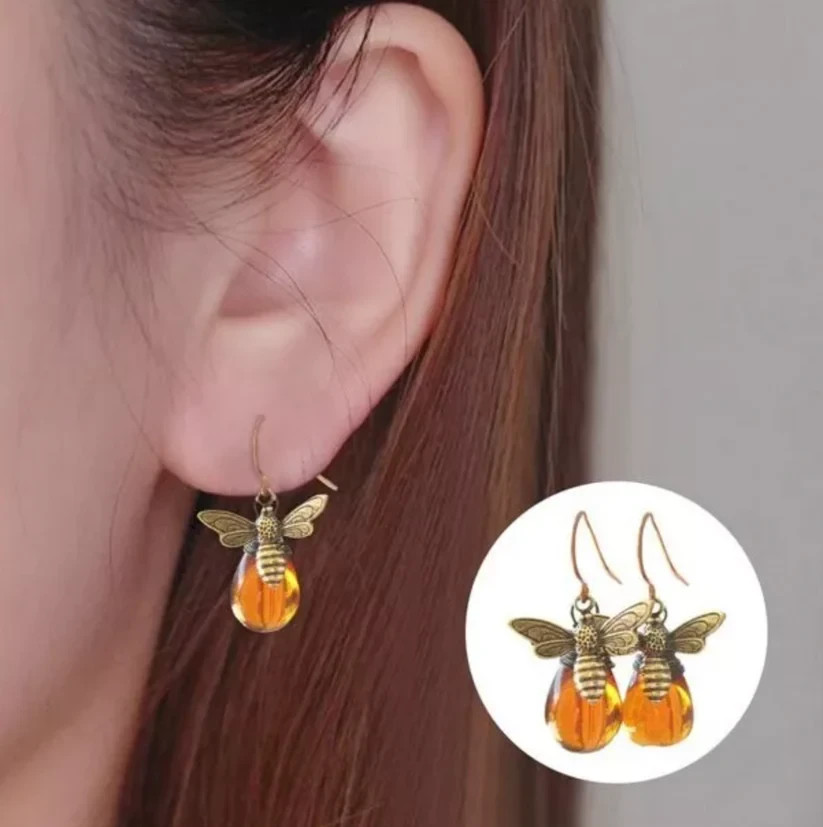 Vintage Bee Earrings Women Gold Amber Drop Dangle Boho Antique Style Gift