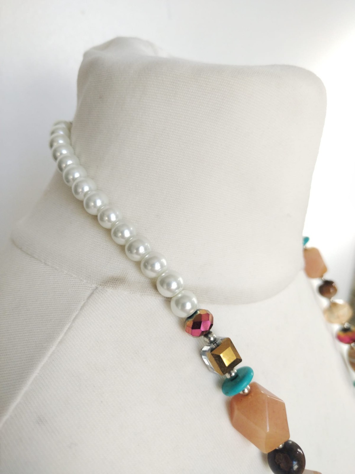 Long Blue Brown White Faux Pearl, Porcelain, Stone, Glass Mixed Beads Necklace