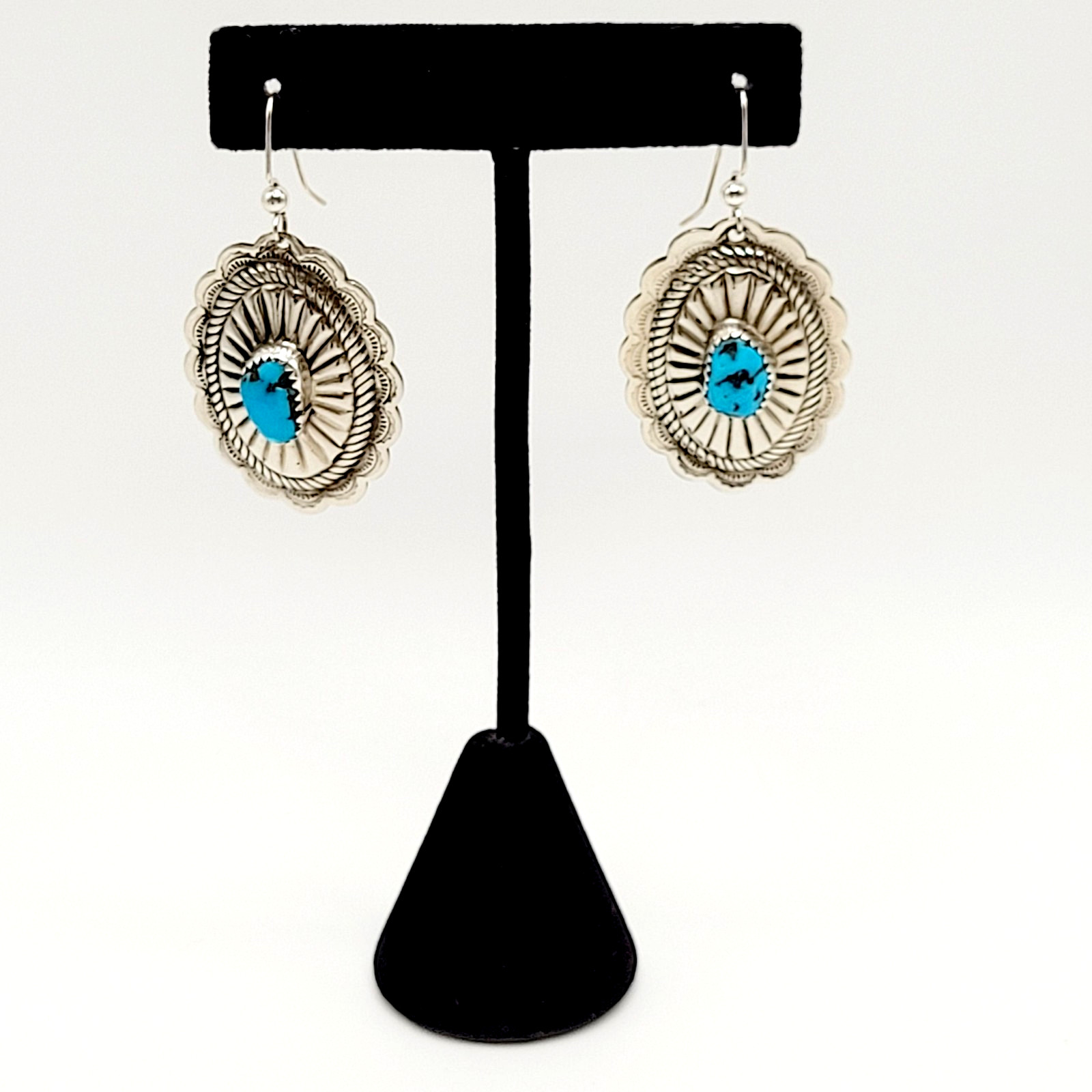 Southwestern Style Silver Tone Turquoise Concho Dangle Pierced Hook Earrings