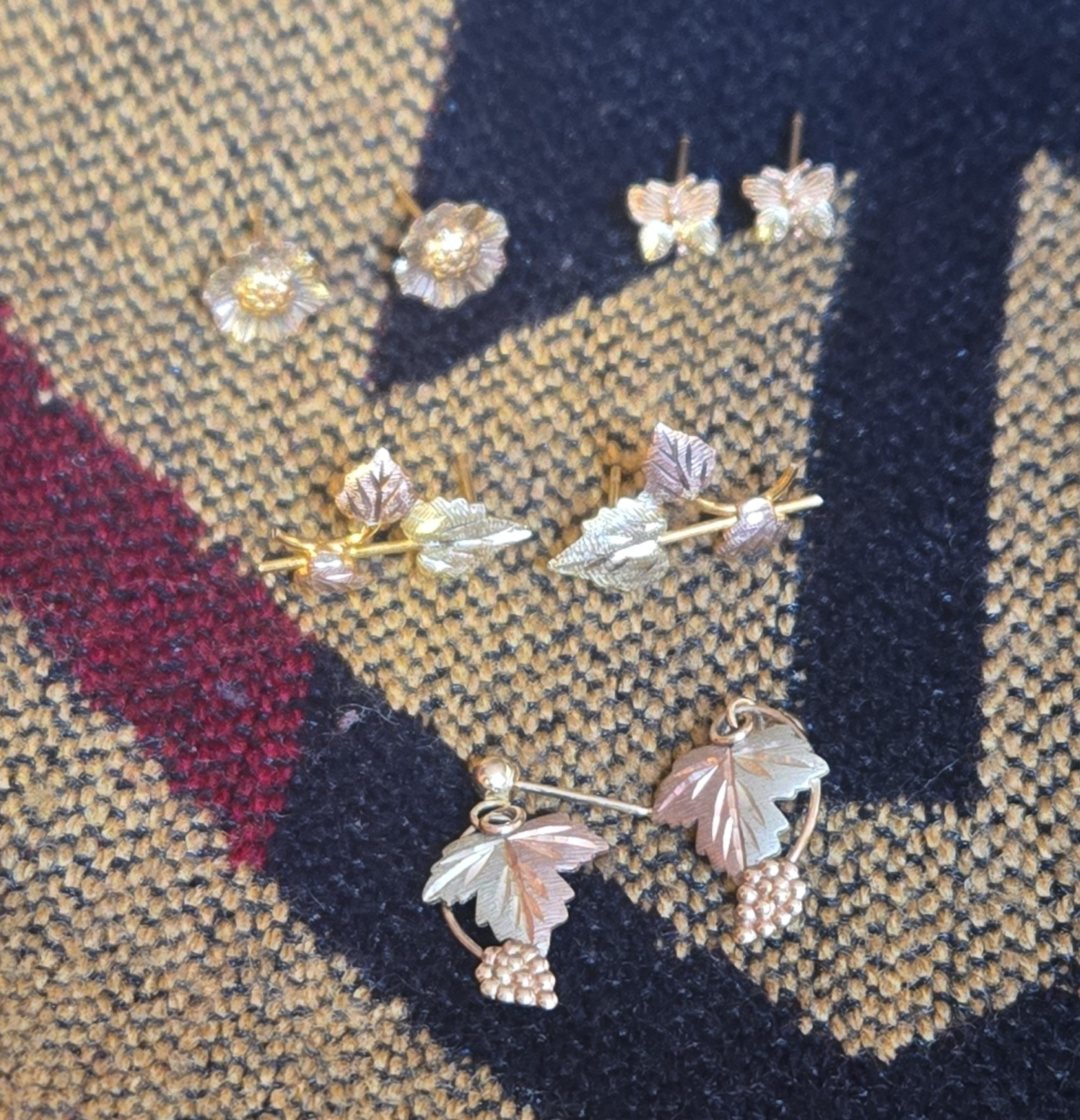 10K Multi-Tone Gold Leaf Motif Earrings Lot Stud & Drop Butterfly Back