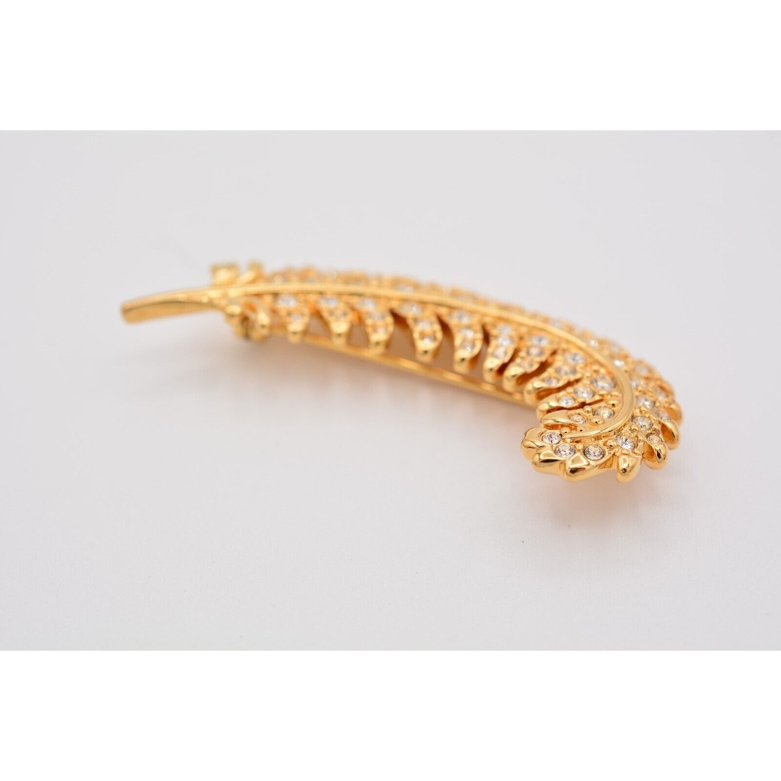 Swarovski Vintage Crystal Feather Leaf Pin Brooch Rhinestone Swan Signed Bin7