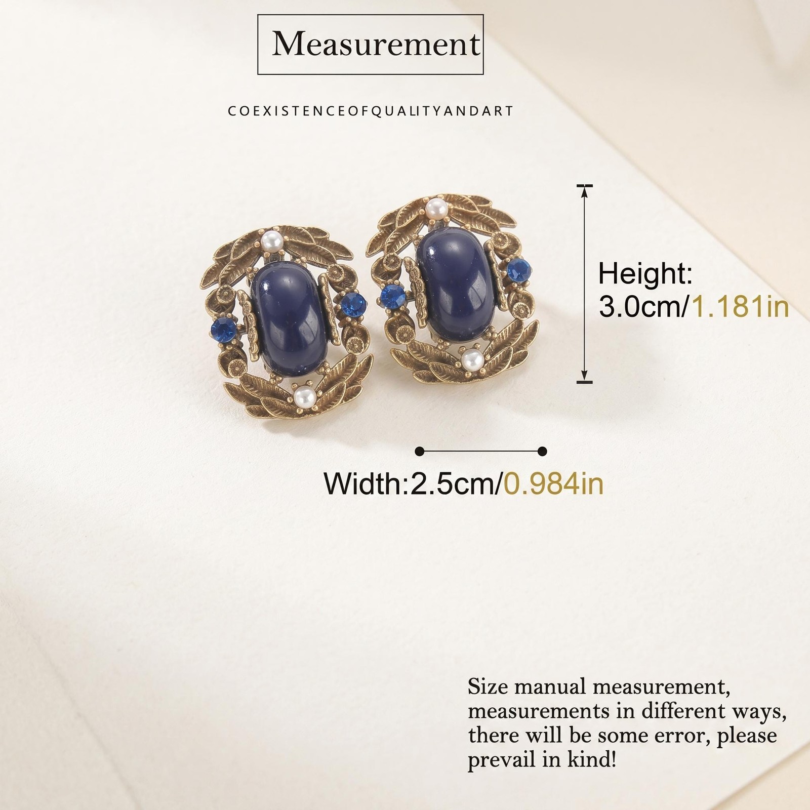 Vintage Antique Gold Blue Oval Stone Stud Earrings Leaf Filigree Pearl Crystal
