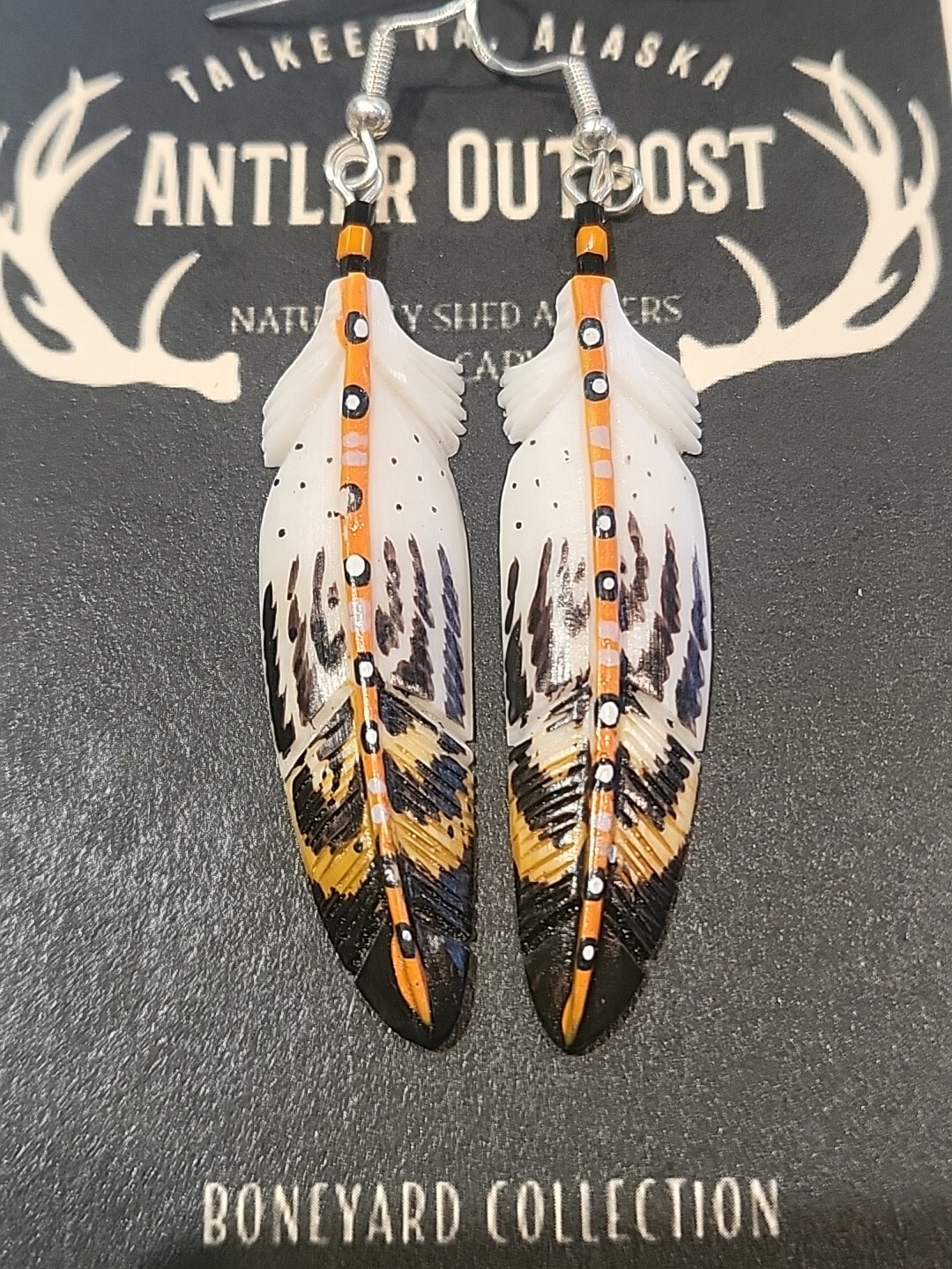 HANDMADE CARVED WATER BUFFALO BONE FEATHER EARRINGS ALASKA BONEYARD COLLECTION