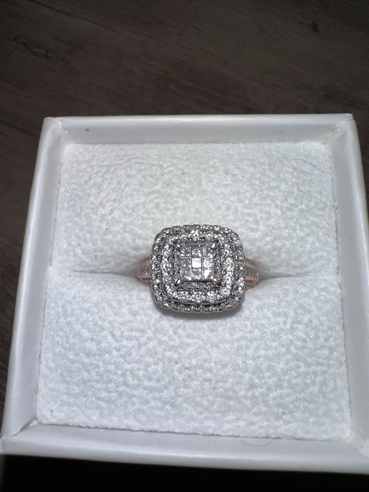 One Carat Natural White Diamond 10k Rose Gold Halo Cushion Ring Size 7