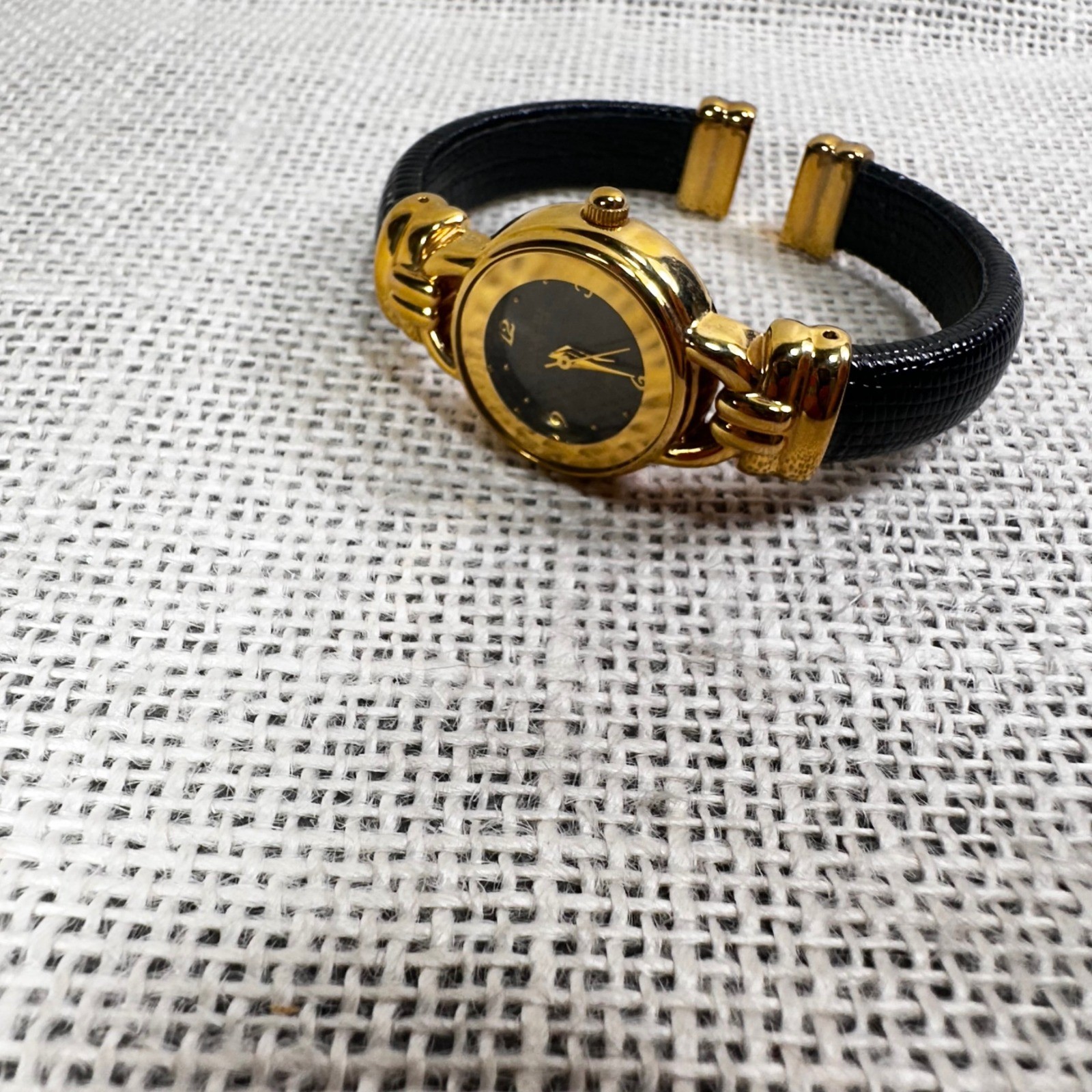 Joan Rivers Classics Womens Gold Tone Black Lizard Embossed Cuff Watch V377