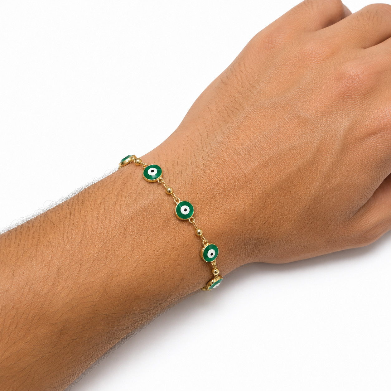 Real 1/200 14K Yellow Gold Overlay Green Evil Eye Rosary Religious Bracelet