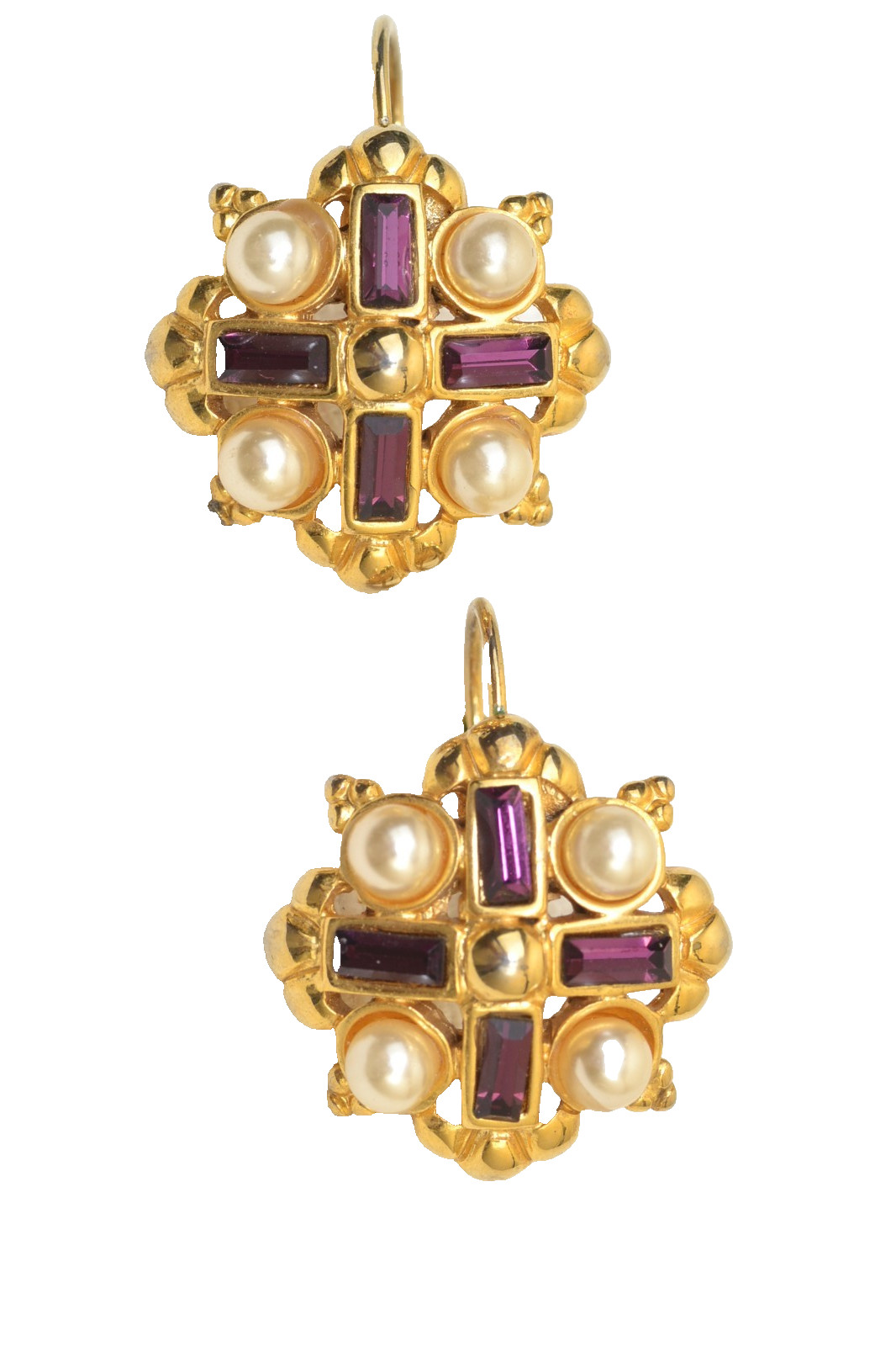 Byzantine Revival Gold Tone Earrings Faux Amethyst/Pearl Maltese Cross VENUE VTG