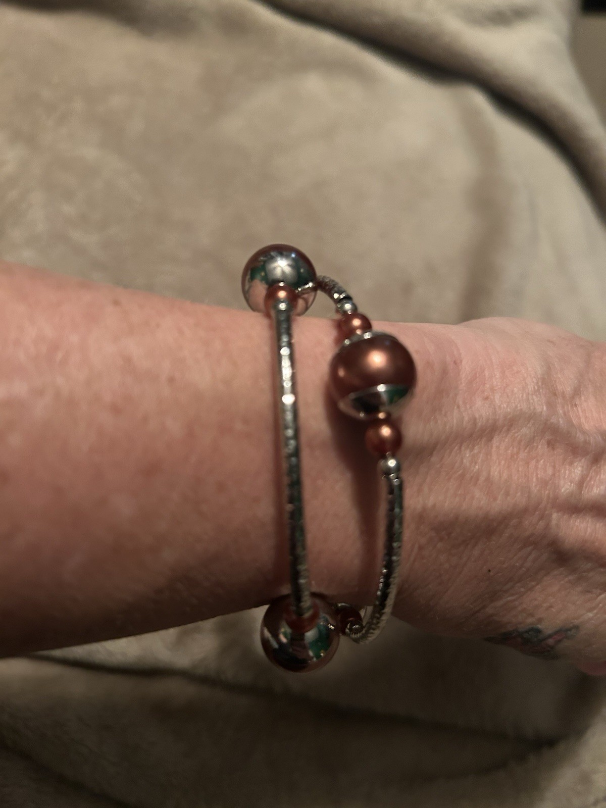 Silver & Copper Tone Metal Round Beaded Bangle Bracelet Slip-On Stackable