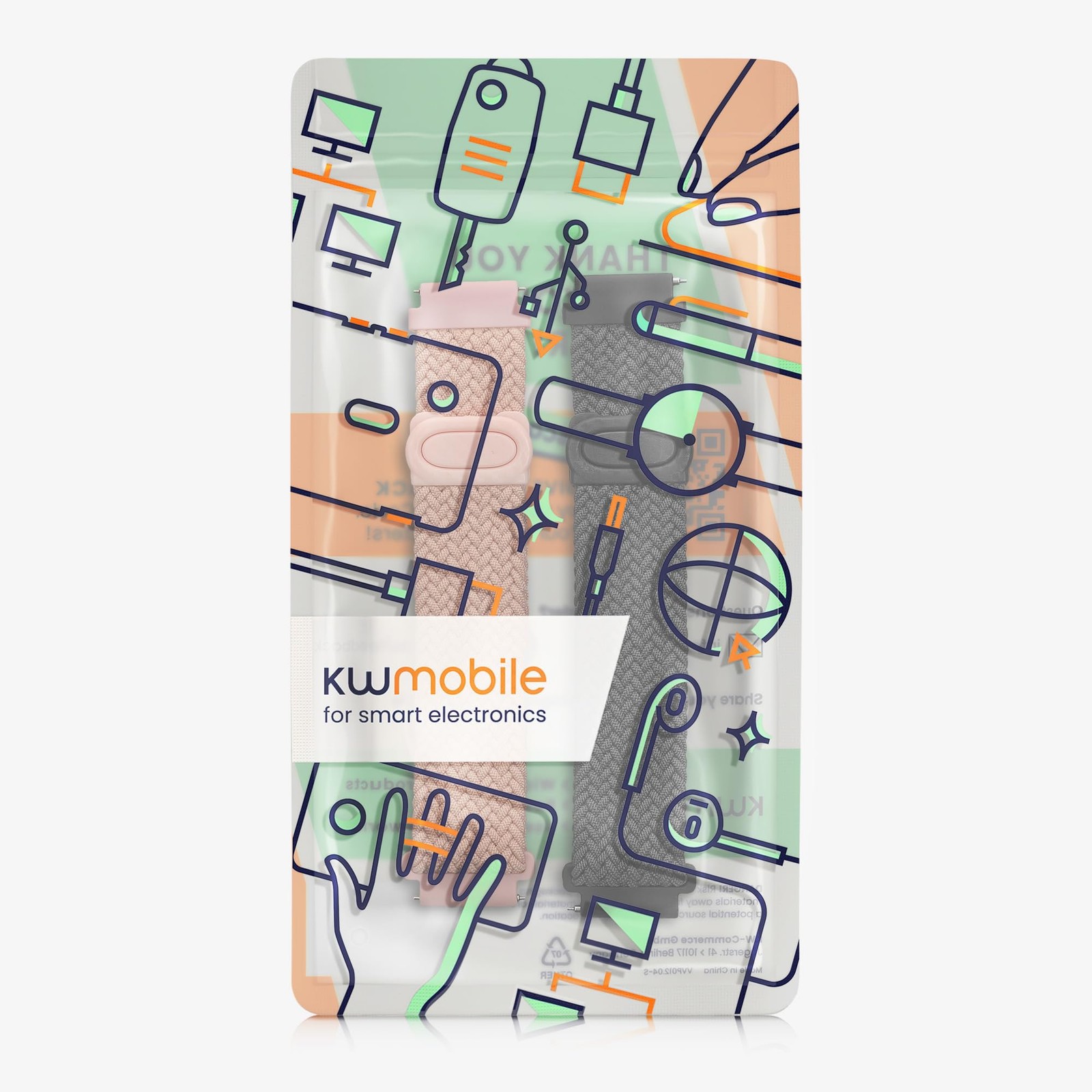 kwmobile 2x Nylon Strap for 5.9 – 7.5 inches (15 – 19 cm), grey / dusty pink