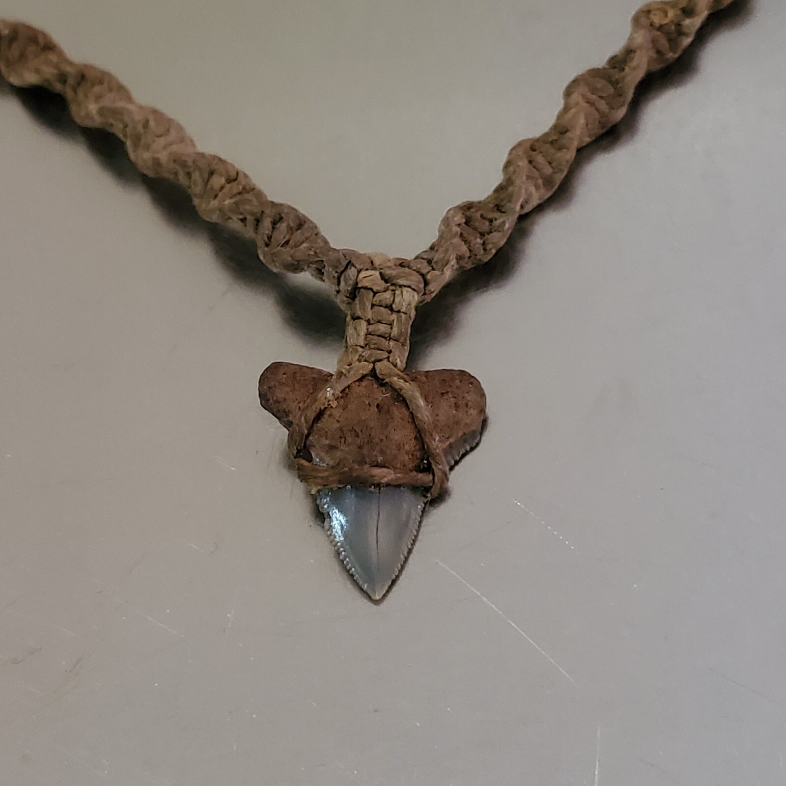 Vintage Shark Tooth Pendant Necklace Spiral Corded Brown Twine 15 inch