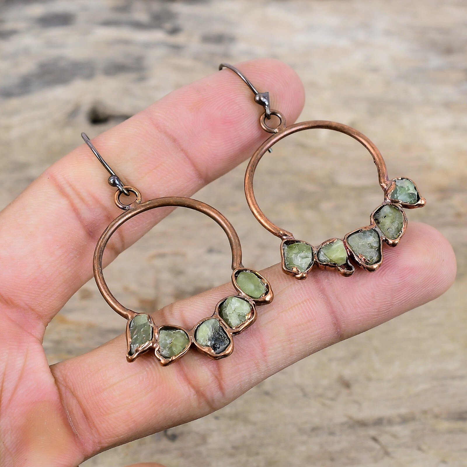 Green Tourmaline Rough Electroformed Earrings Handcrafted Copper Holiday 2.17″