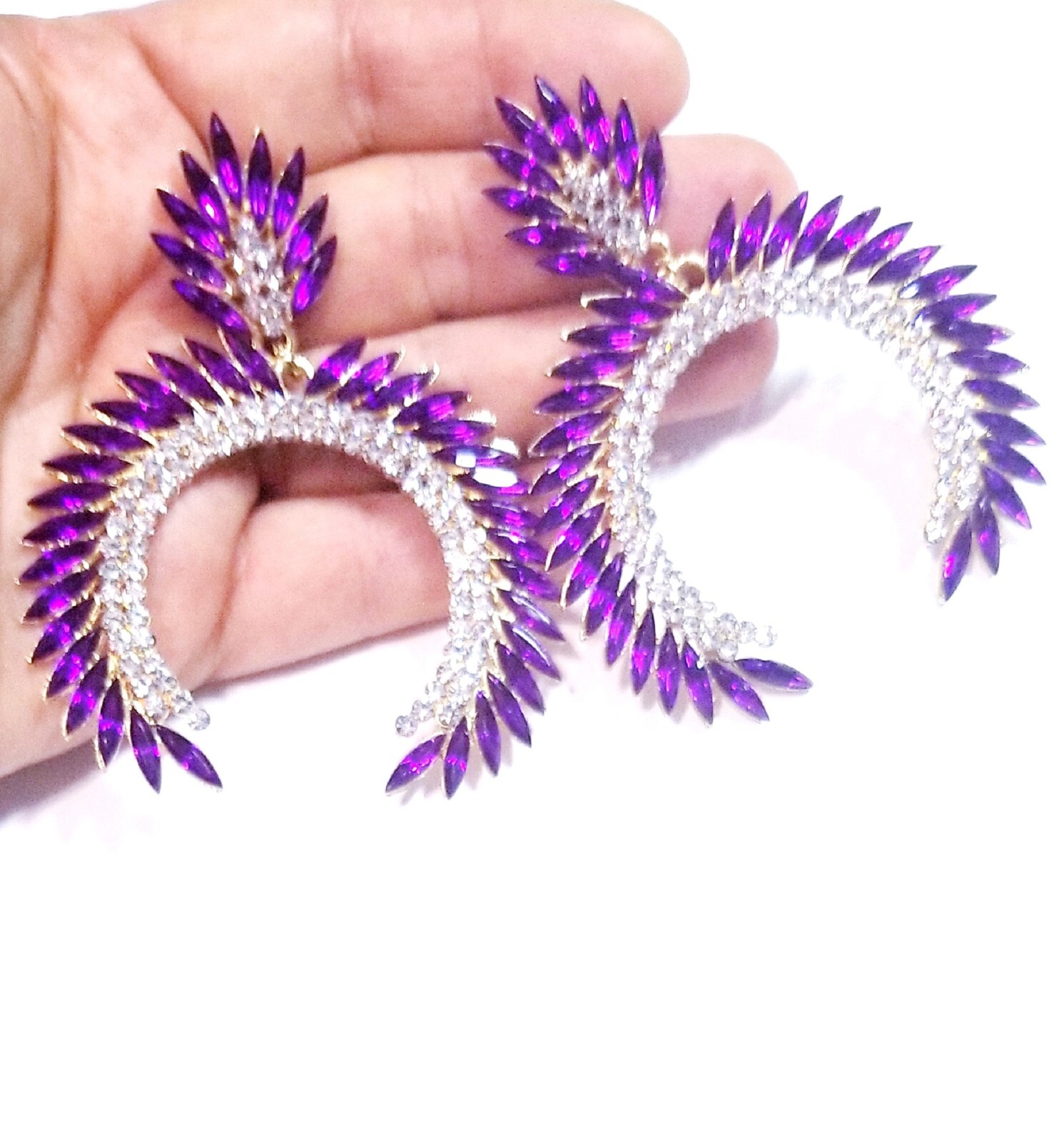 Bridesmaid Drop Dangle Chandelier Earrings 3.2 in Purple Rhinestone Pageant Prom