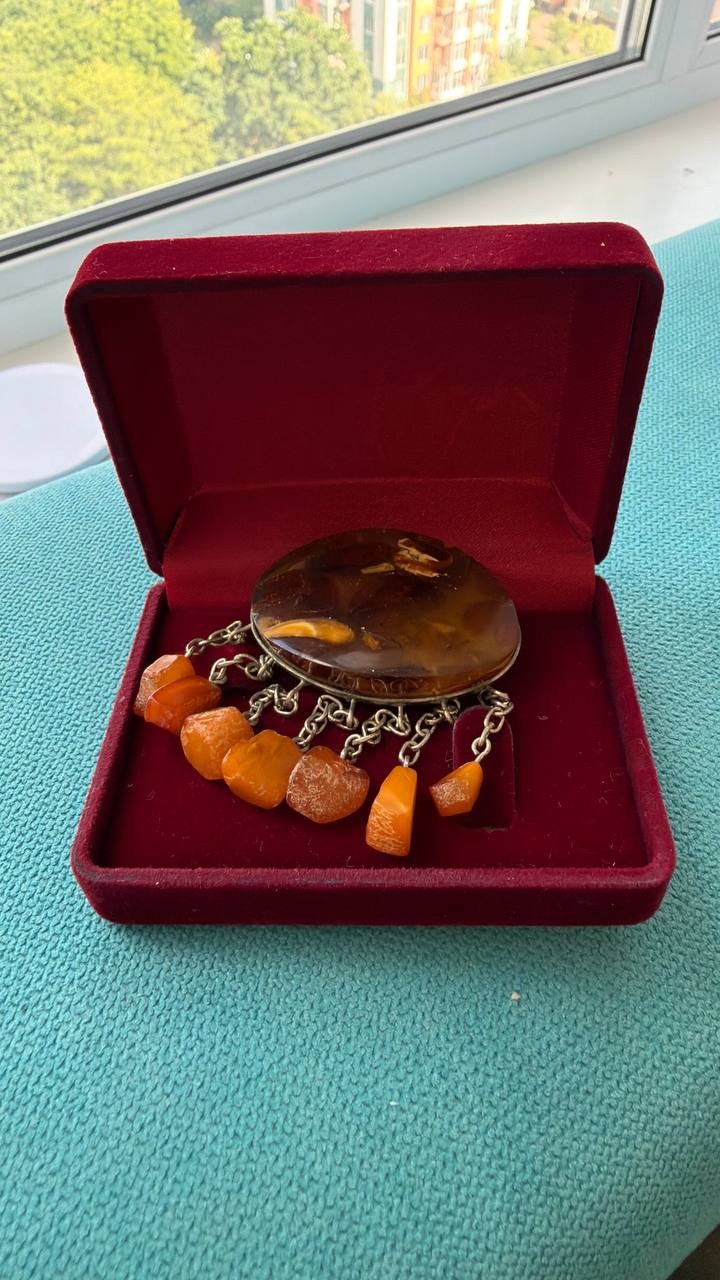 Vintage USSR Baltic Amber Mosaic Brooch Dangle Natural Amber 22g Rare