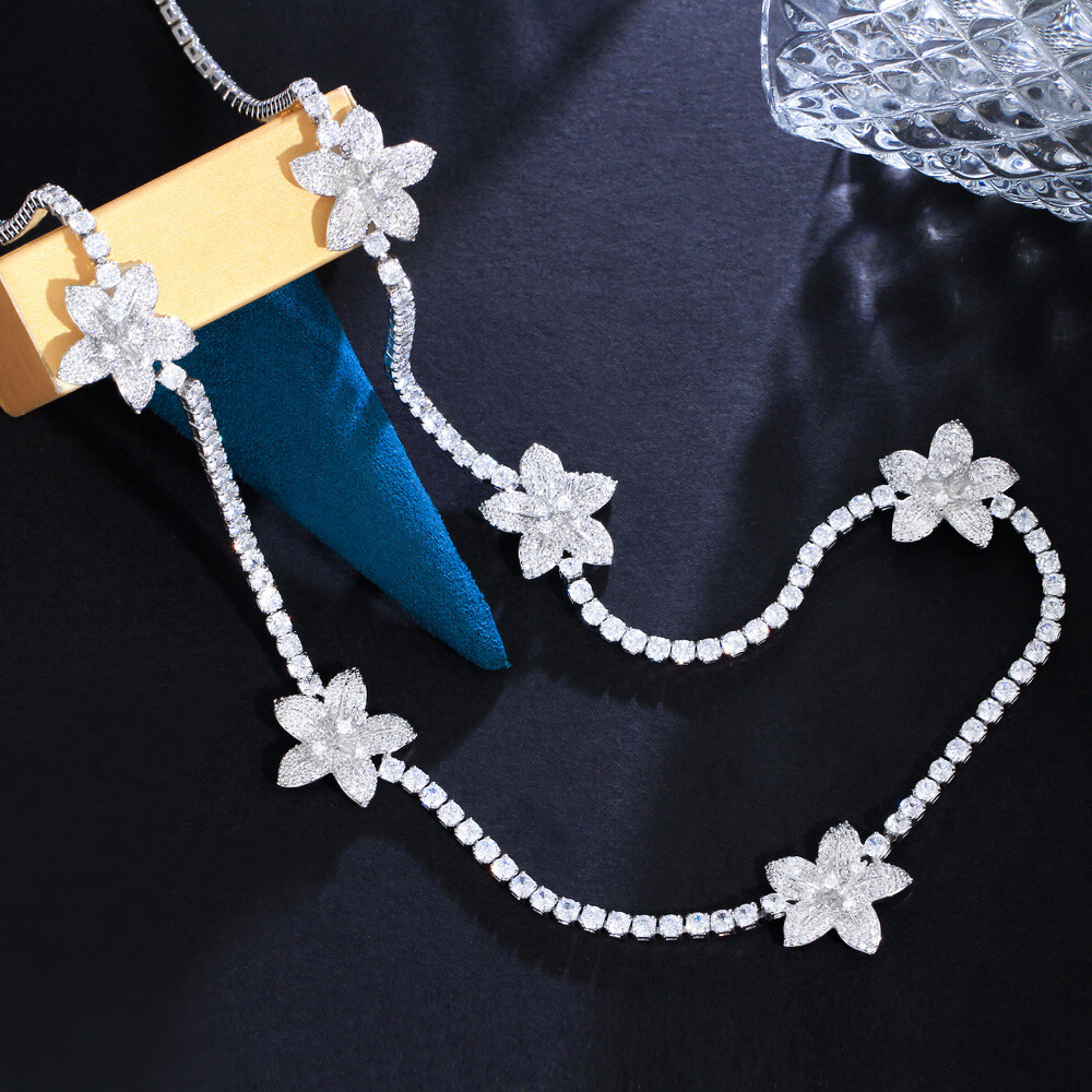 82cm Silver Plated Cubic Zircon White Flower Long Necklace Women Wedding Jewelry
