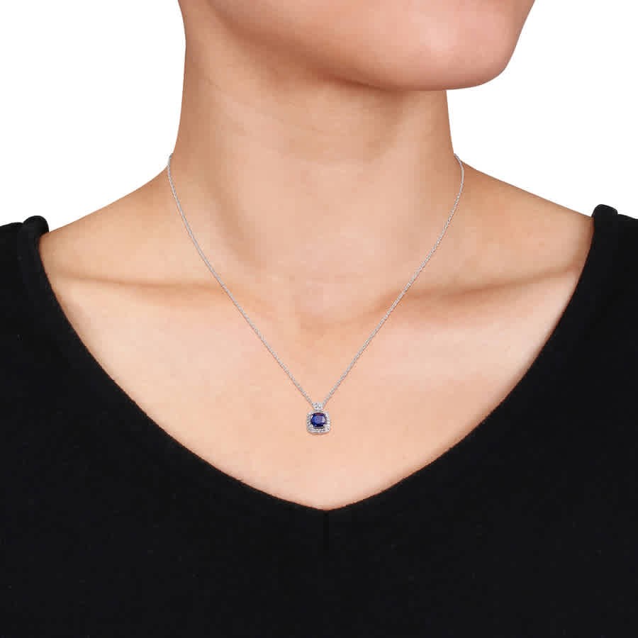 AMOUR 1/10 CT TW Halo Diamond and Cushion Cut Diffused Sapphire Pendant with