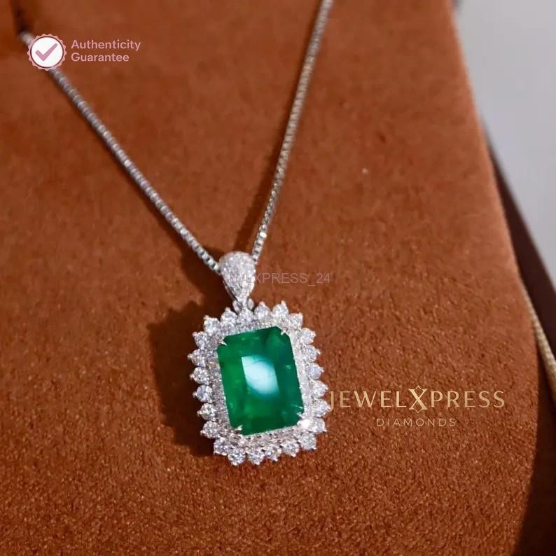 Handmade! 2.00CT Emerald Cut Natural Emerald & Diamond Halo Pendant 14k Gold
