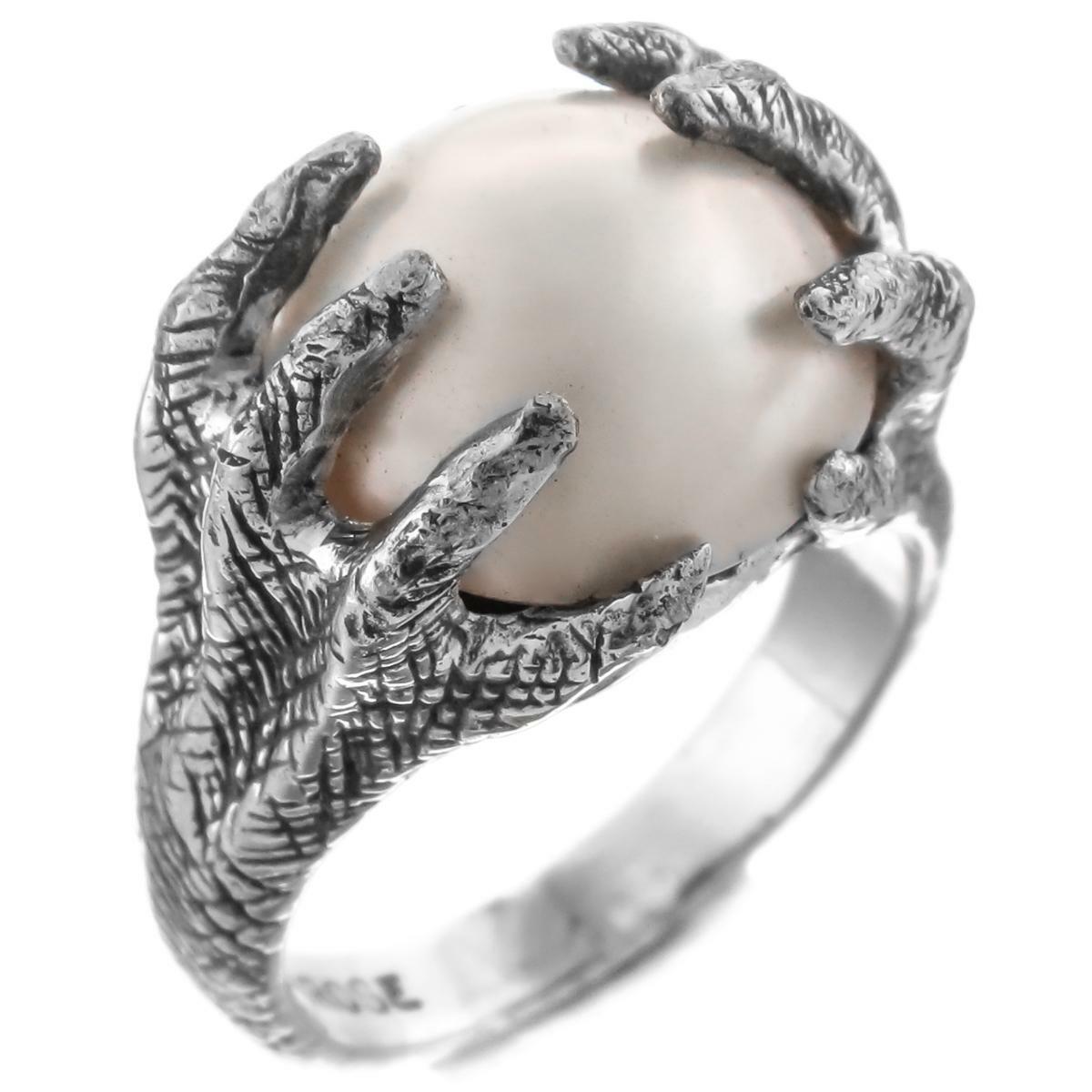 White Mabe Cultured Pearl Eagle Claw 925 Sterling Silver Ring