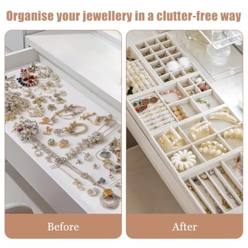 10 Pack Jewelry Organizer Tray Drawer Inserts Stackable Velvet Liner Beige