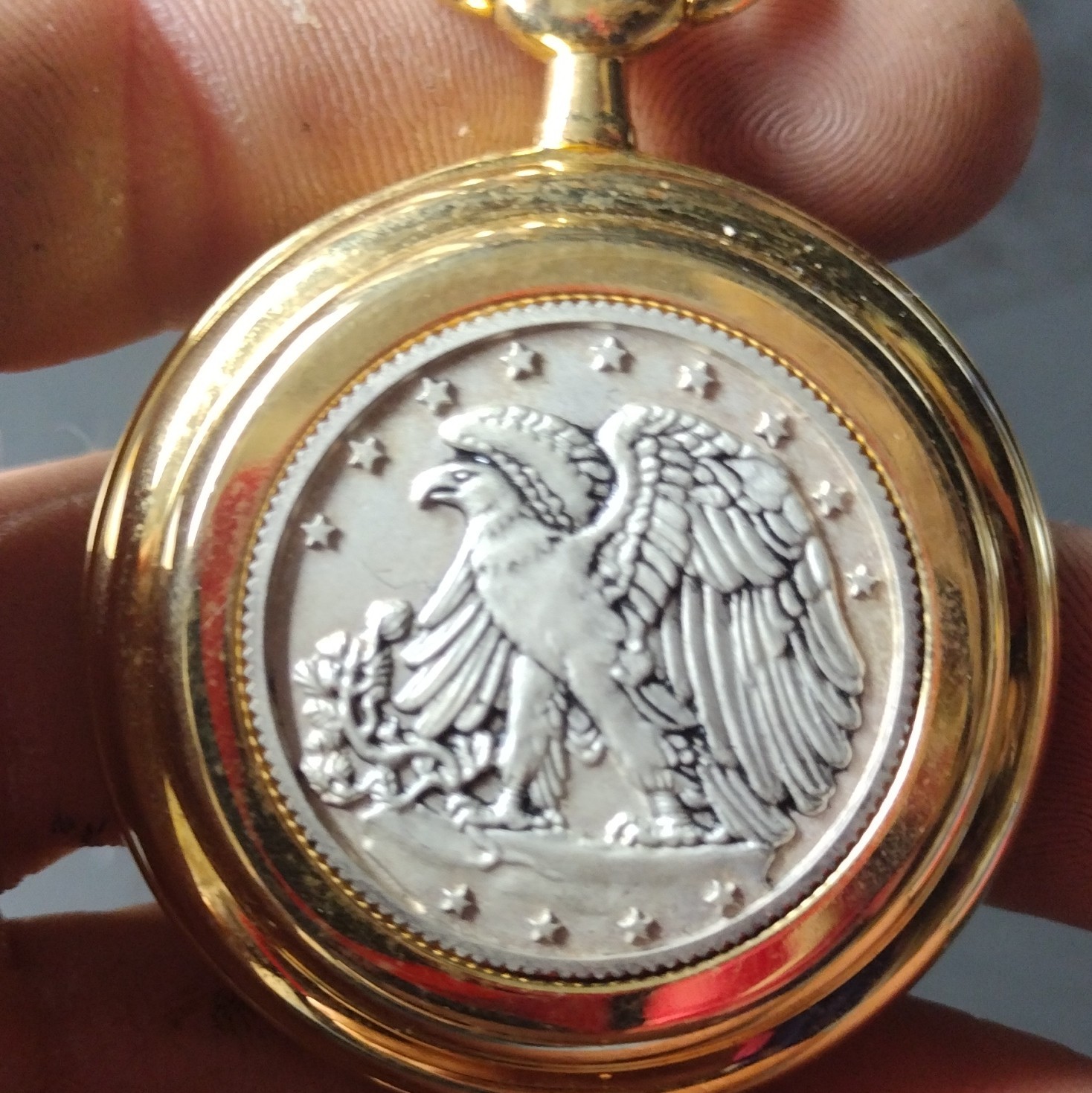 Majestron Quartz Full Hunter Pocket Watch Eagle USA Flag Gold Tone w/ Chain