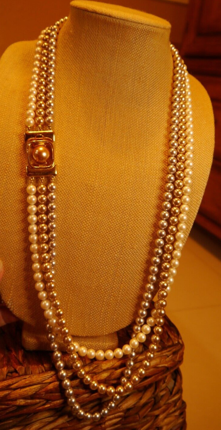 Monet Necklace Faux Pearl Gray Cream Champagne Triple Strand Ornate Box Clasp
