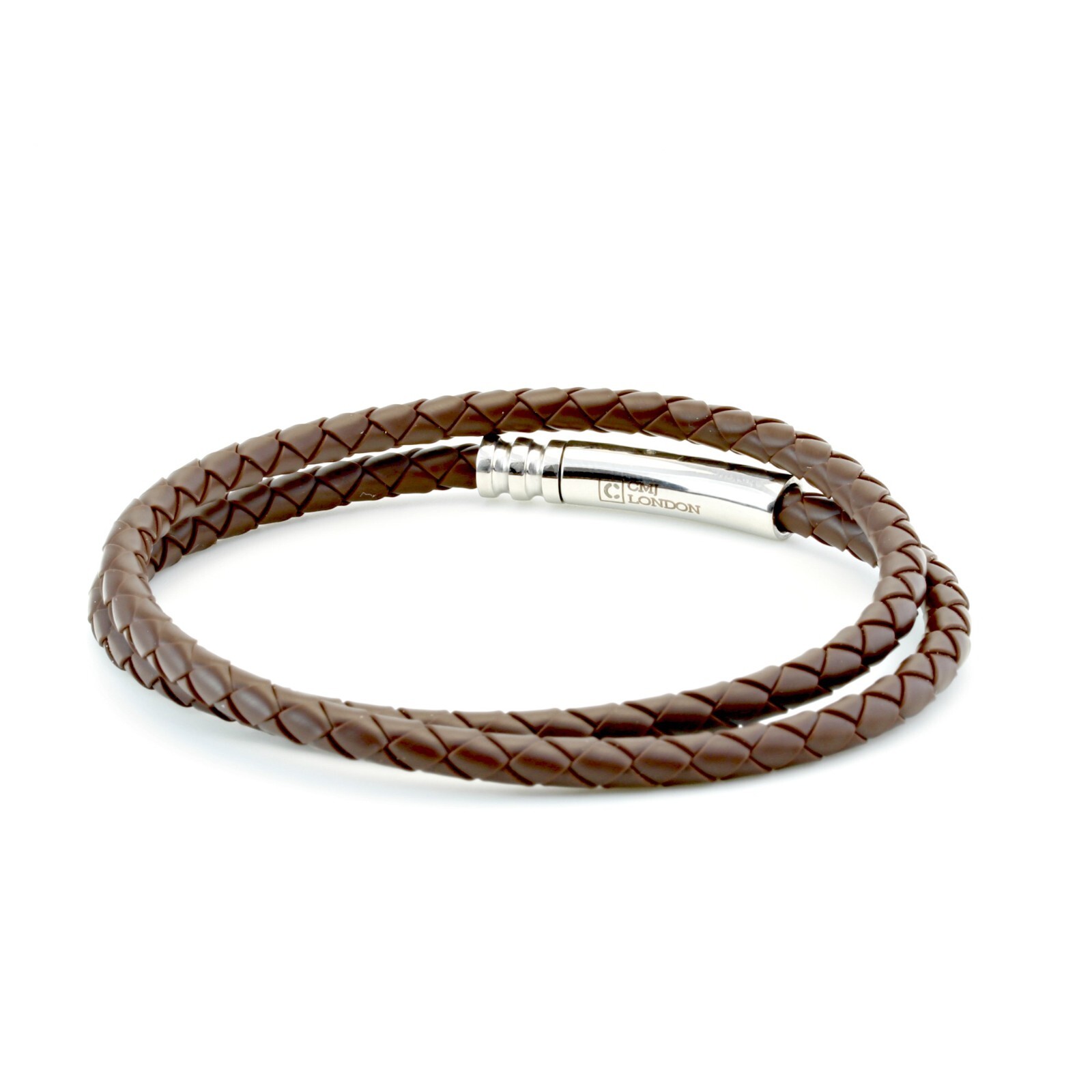 Men’s Double Wrap Braided Rubber Bracelet-Stainless Steel Trigger clasp-Brown