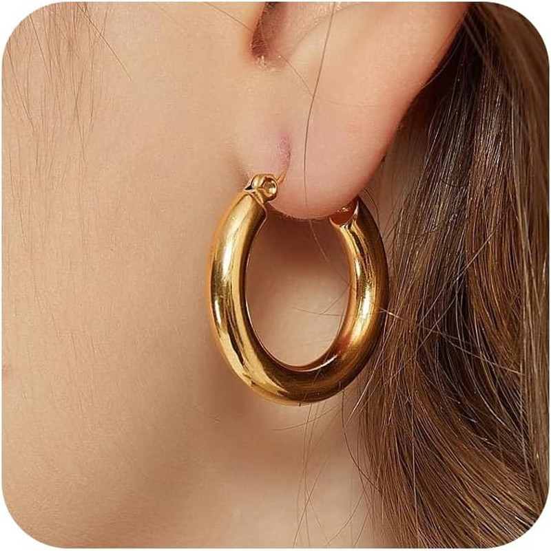 Chunky Gold Hoop Earrings for Women, Dainty Gold Hoops Earrings 14K Gold Plated