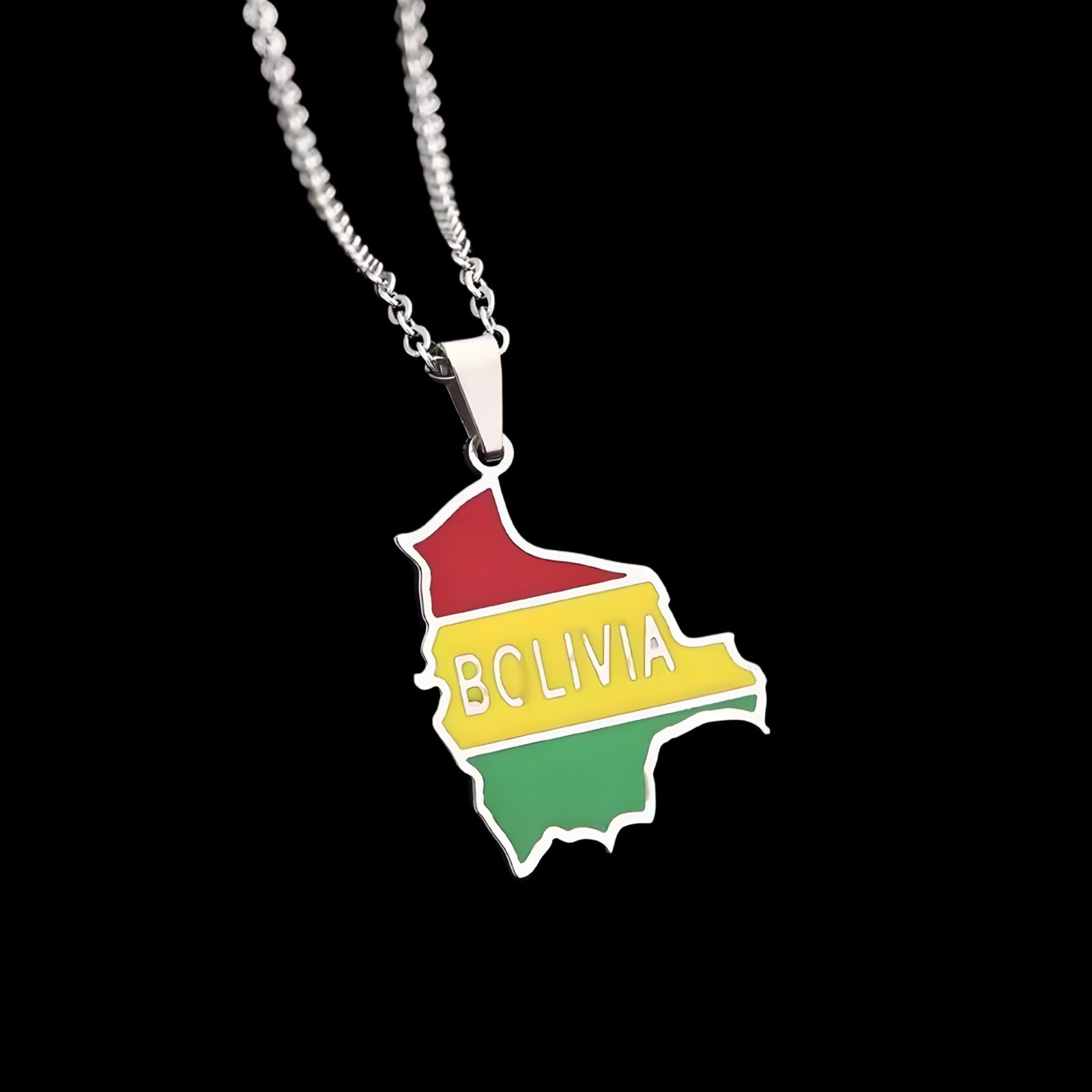 Bolivia Map Pendant Necklace & Flag Pin Set Red Yellow Green Gift Souvenir