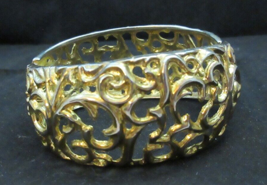 Vintage Open Work 1 1/4 Inch Wide Hinged Cuff Clamper Bracelet Gold Tone As Is
