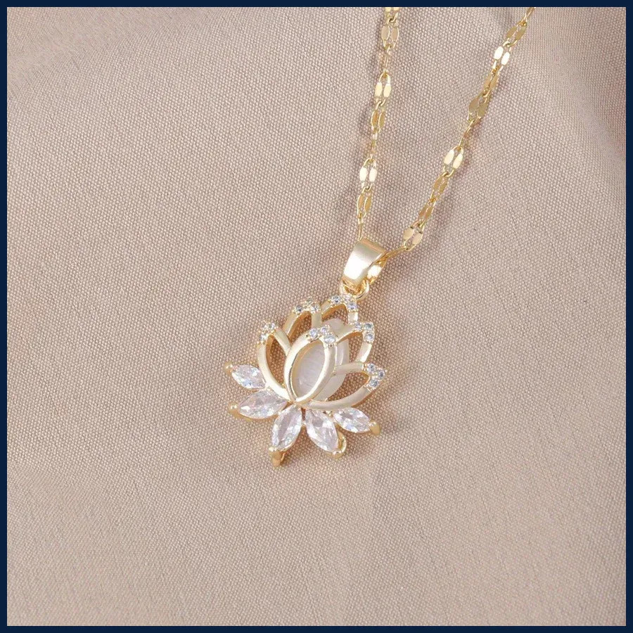 1 PC High-quality 18k Gold Electroplated Fashion Cat’s Eye Stone Lotus Necklace