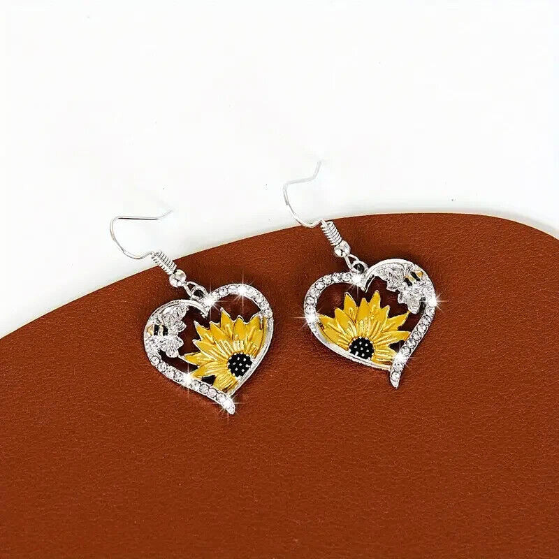 Heart Shape With Sunflower Bee Decor Retro Boho Hook Earrings Zircon Alloy Gift