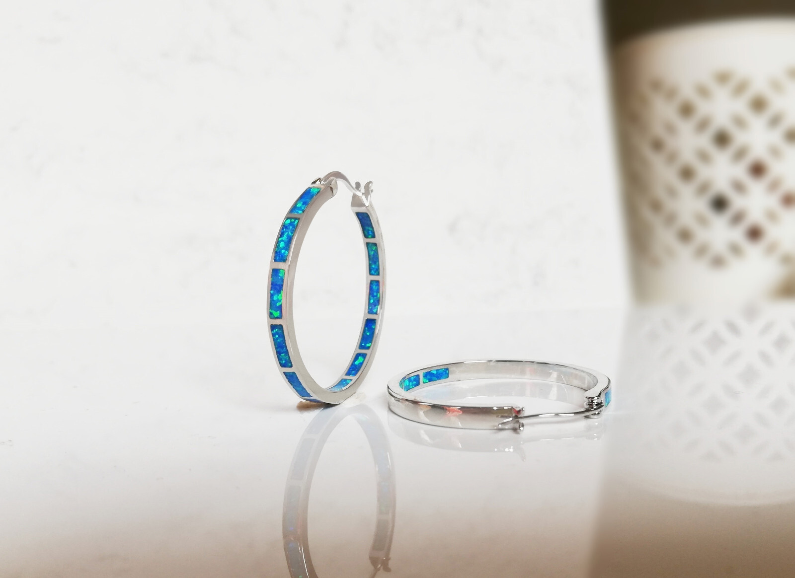 Blue Opal Hoop Earrings Fire Opal Huggies Opal Hoops Silver Stainless Steel Both Sided New