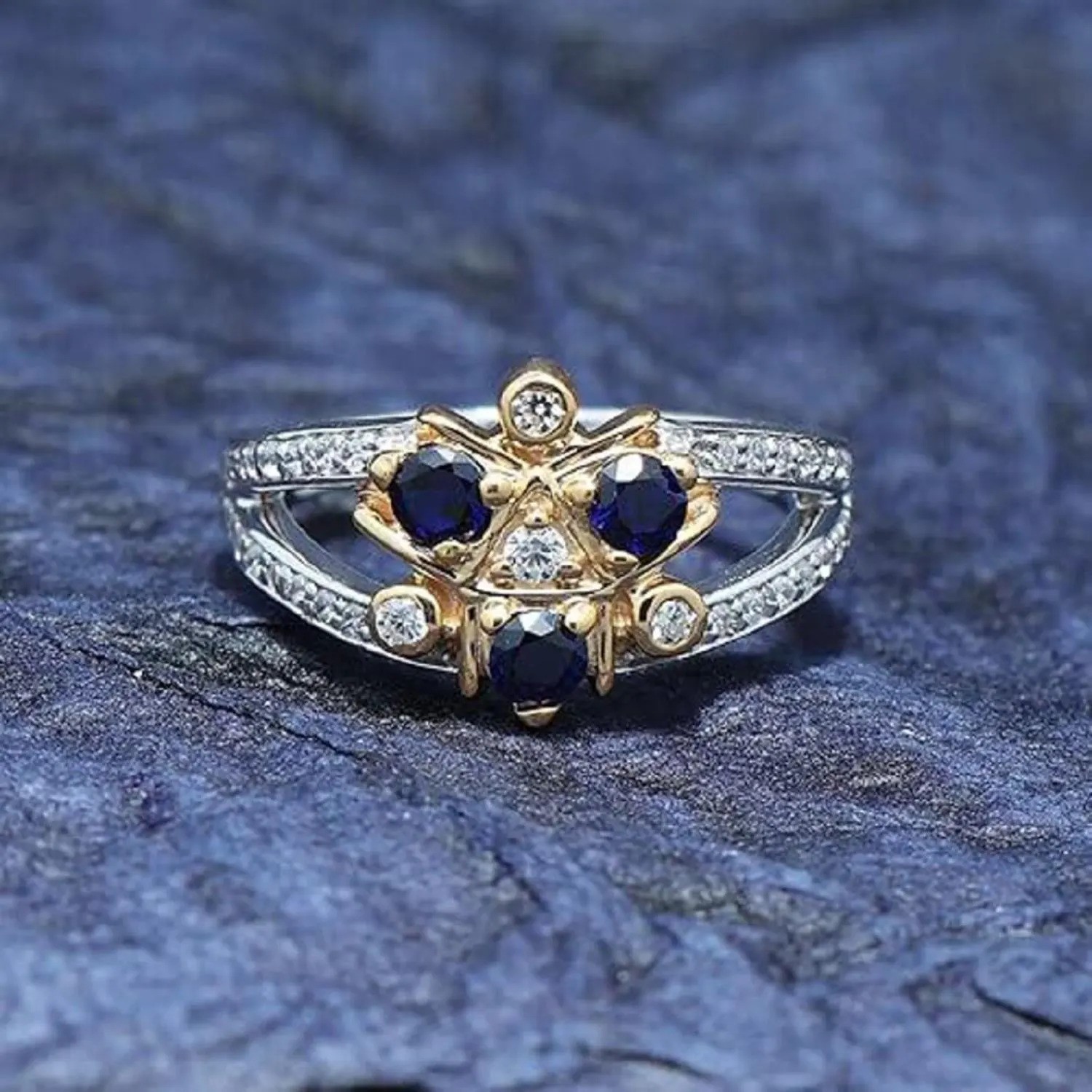 2Ct Lab Created Blue Sapphire Engagement Ring 14k Two Tone Gold Plated